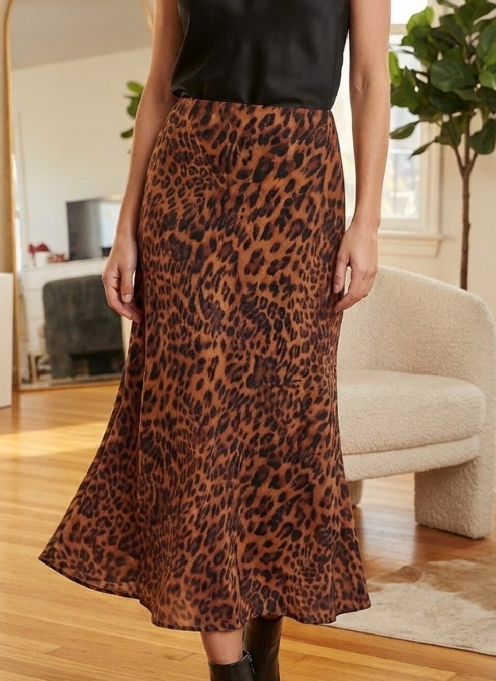 NEVER WORN A New Day Leopard Animal Satin Midi Skirt Expresso Brown Sz Size XL